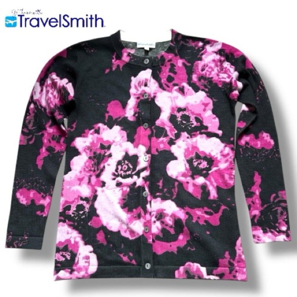 VTG Travel Smith Cardigan Sweater Merino Wool Blend Dark Floral Black Pink S